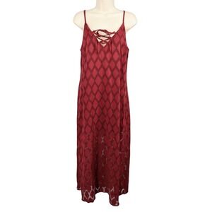 Band of the Free Merlot Burnout Lace Up Slip Midi Dress Sheer Hem NWT M